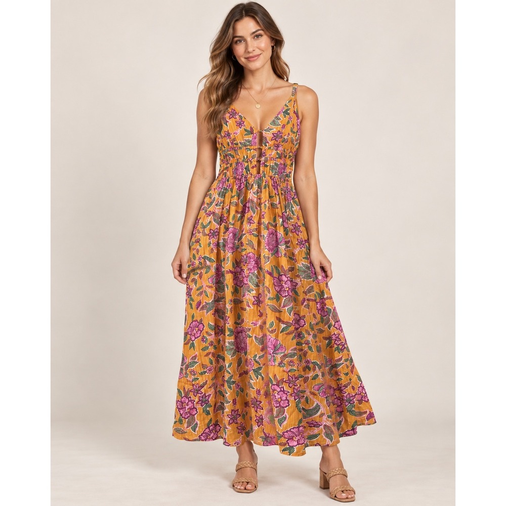 Caroline Constas Floral Maxi Dress Womens Small Orange Boho Smocked Cotton NWT